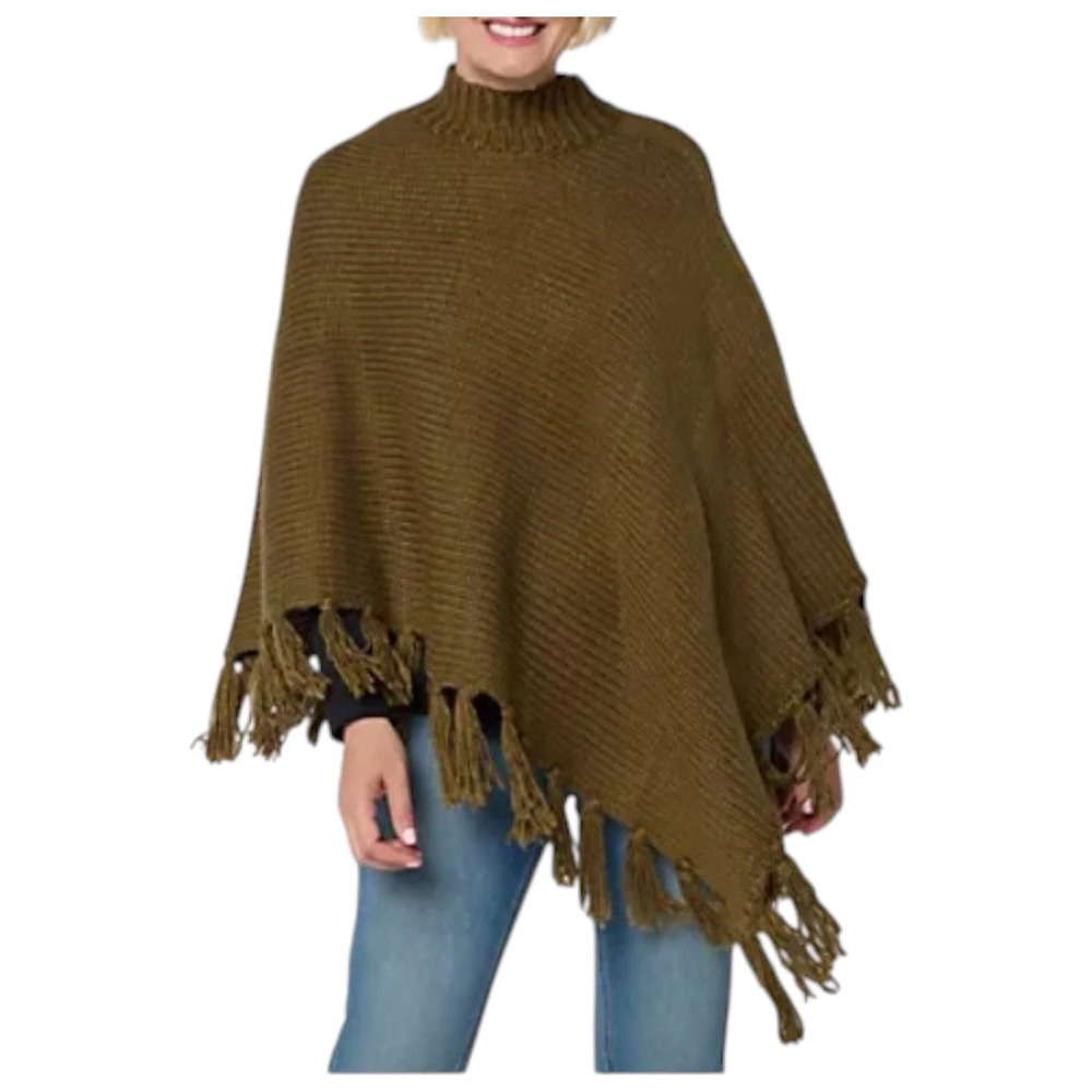 Martha Stewart Women's Asymmetrical Sweater Cape w/ Fringe Olive - Missy